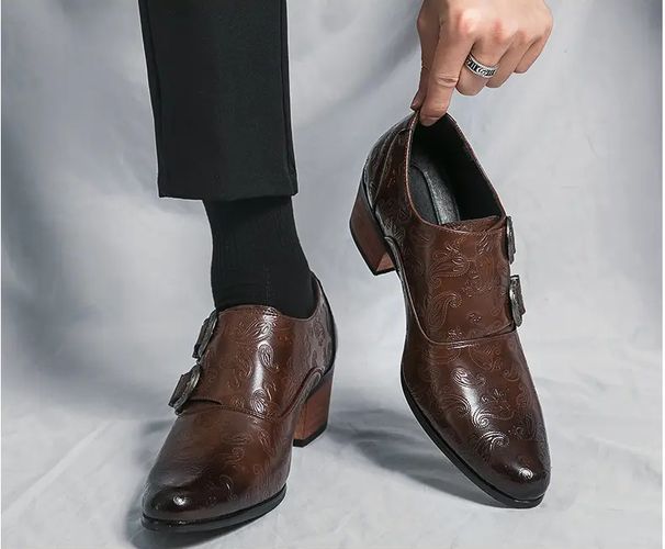 New Korean Version Of Brown Men's Wedding Fashion Slim Pointed High Heel Set Breathable Casual Trend Leather Shoes_vogvips.com