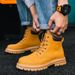 European Warm Series Yellow Autumn Men's Martin Cowhide High Top Winter Plush Lined Large Size Unisex Work Cotton Boots Couple_vogvips.com