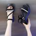 French Small Fragrant Roman Sandals Women's Thick-soled Leather Surface Rhinestone One-word Strap With Skirt Beach Shoes_vogvips.com