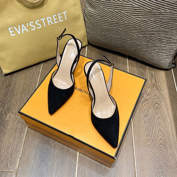 Thin Heeled Toe Caps, Sandals With Hollow Suede And Pointed Tips, Women's Singles, Sexy Single Button High Heels_vogvips.com