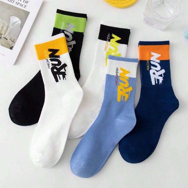 5/10/20 Pairs Men Color Blocked Round Neck Mid Tube Sweat Wicking Breathable All Season Basketball Sports Casual Socks_vogvips.com