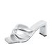 French Square Head Open Toe Pleated Thick Heels Wearing Slippers Women's Summer High Heels Dry Silver High Heels Flip-flops_vogvips.com