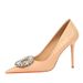 Stiletto heels, shallow mouth, pointed point, vintage patent leather, snake-print rhinestone buckle women's single shoes_vogvips.com