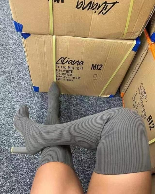 Women's Autumn/Winter Pointed Toe Chunky Heel Knitted Over The Knee Boots, European And American Style, Plus Size, Elastic Wool Socks, Long Boots_vogvips.com