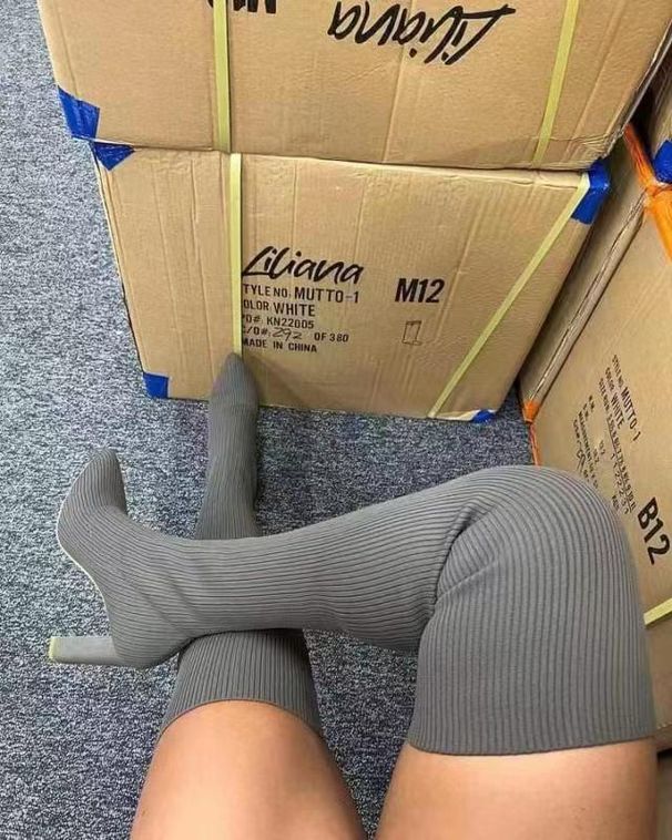 Women's Autumn/Winter Pointed Toe Chunky Heel Knitted Over The Knee Boots, European And American Style, Plus Size, Elastic Wool Socks, Long Boots_vogvips.com