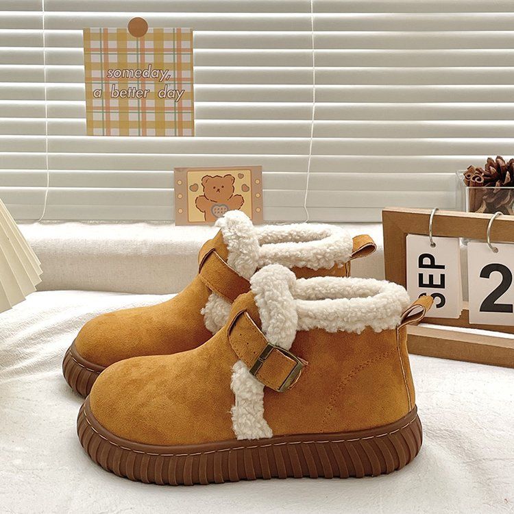 Velvet thick sole anti slip flat buckle cotton shoes for women autumn an winter 2024, new warm furry snow boots in_vogvips.com