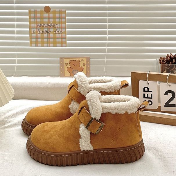 Velvet thick sole anti slip flat buckle cotton shoes for women autumn an winter 2024, new warm furry snow boots in_vogvips.com