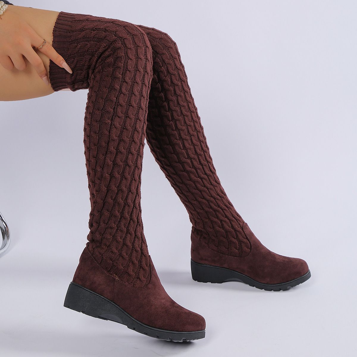 Winter Women's Slimming Wedge Over The Knee Boots Plus Size Thick Sole Knitted Platform Sock Boots_vogvips.com