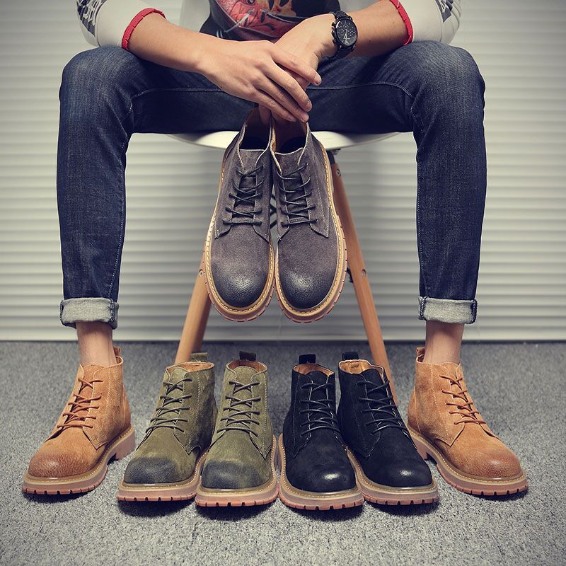 European Warm Series Men's Martin Autumn Fleece Lined High Korean Trendy Work Shoes British Style Mid Top Casual Versatile Short Boots_vogvips.com