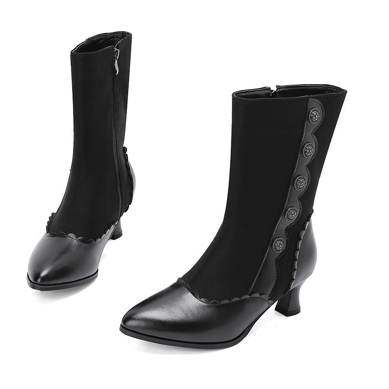 New Fashion Round Buckle Short Tube Knight Thick Medium Heel Women's 40-48 Large Size Boots_vogvips.com
