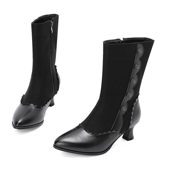 New Fashion Round Buckle Short Tube Knight Thick Medium Heel Women's 40-48 Large Size Boots_vogvips.com