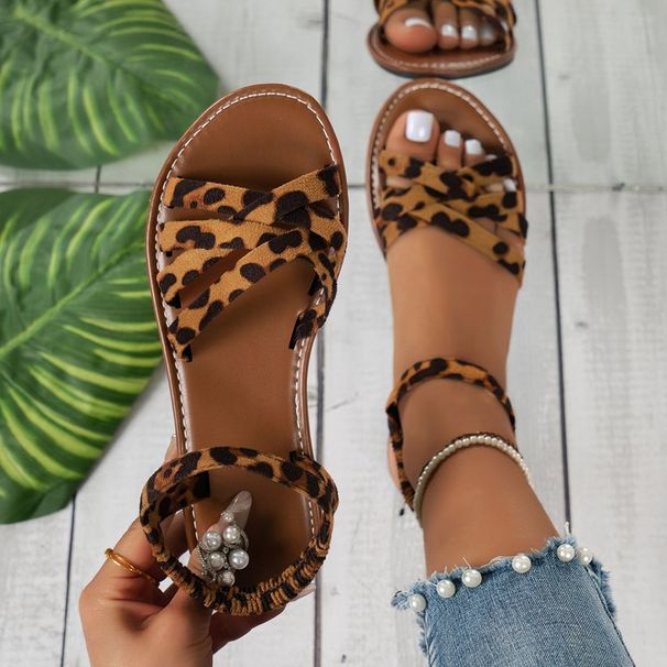Foreign Trade Plus Size Leopard Print For Women 2024 Spring New Roman Flat Non-Slip Slip-On Beach Sandals Wholesale_vogvips.com