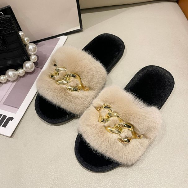 New Autumn And Winter Metal Chain Hairy Slippers Fashionable And Warm Large Fur Flat Heel Cotton Slippers_vogvips.com