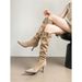 Women's Chic Pointed Toe Stiletto Knee High Boots With Belt Buckle Detail Stacked Folded Design Slimming High Heel Boots_vogvips.com