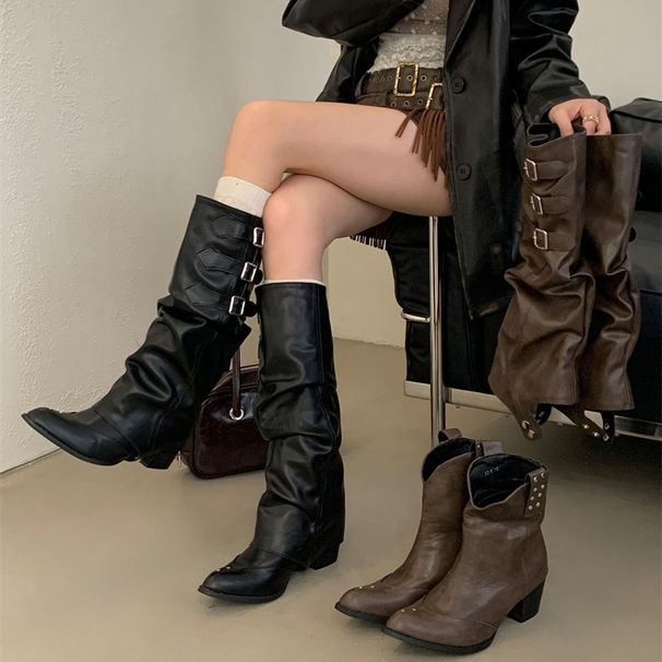 New Original Women's Leather Pointed-Toe Long With Rivets And Pleated Design, Western Cowboy Riding Boots_vogvips.com