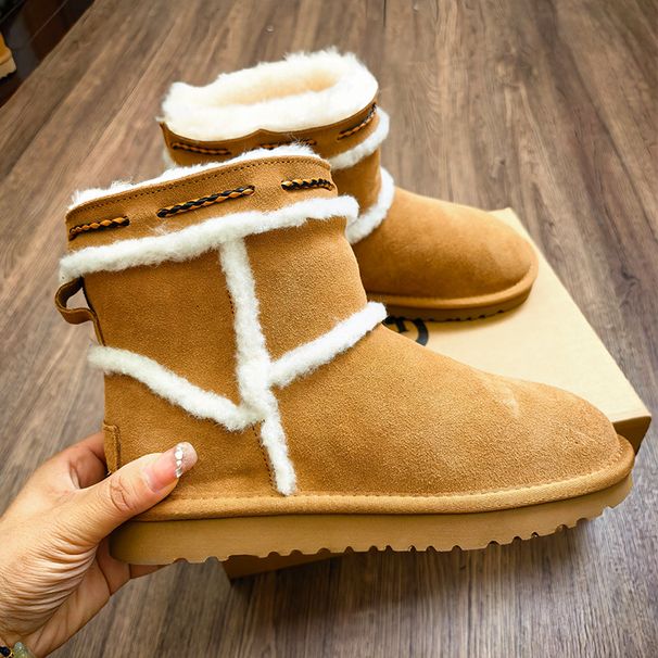 Sheepskin Thick-Soled Snow Boots For Women Winter Drawstring Internet Celebrity Fleece-Lined Thickened Bread_vogvips.com