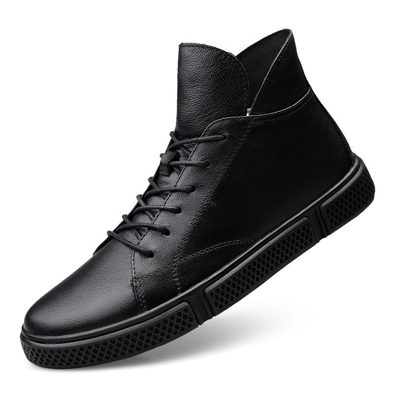 Men's Casual Single Shoes Work High-top Lace-up Round Head Warm Casual Board Shoes Irst Layer Cowhide Rubber Sole_vogvips.com