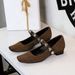 8292-K113 European And American Mary Jane Women's With Chunky Heel, Square Toe, Shallow Cut, Single Strap, Suede,_vogvips.com