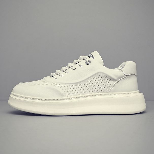 Men's Genuine Leather White Skateboard Sneakers Thick Platform Breathable Lace Up Casual Comfortable Versatile Sports Shoes_vogvips.com