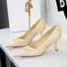 9557-2 European And American Sexy Party High-heeled Shoes With Gold Silk Satin, Pearl Bow, Twisted Design, Pointed Toe,_vogvips.com