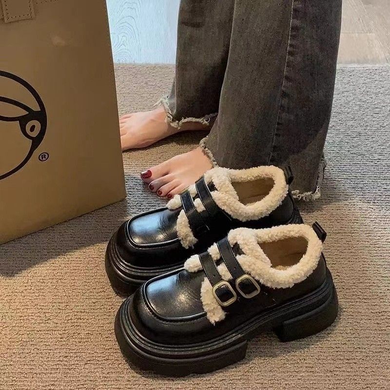 Women's Shoes Chunky Loafers With Fleece Lining - Slip-On Comfort Shoes With Platform Sole For Winter, Spring & Fall - Round Toe Mary Jane Style_vogvips.com