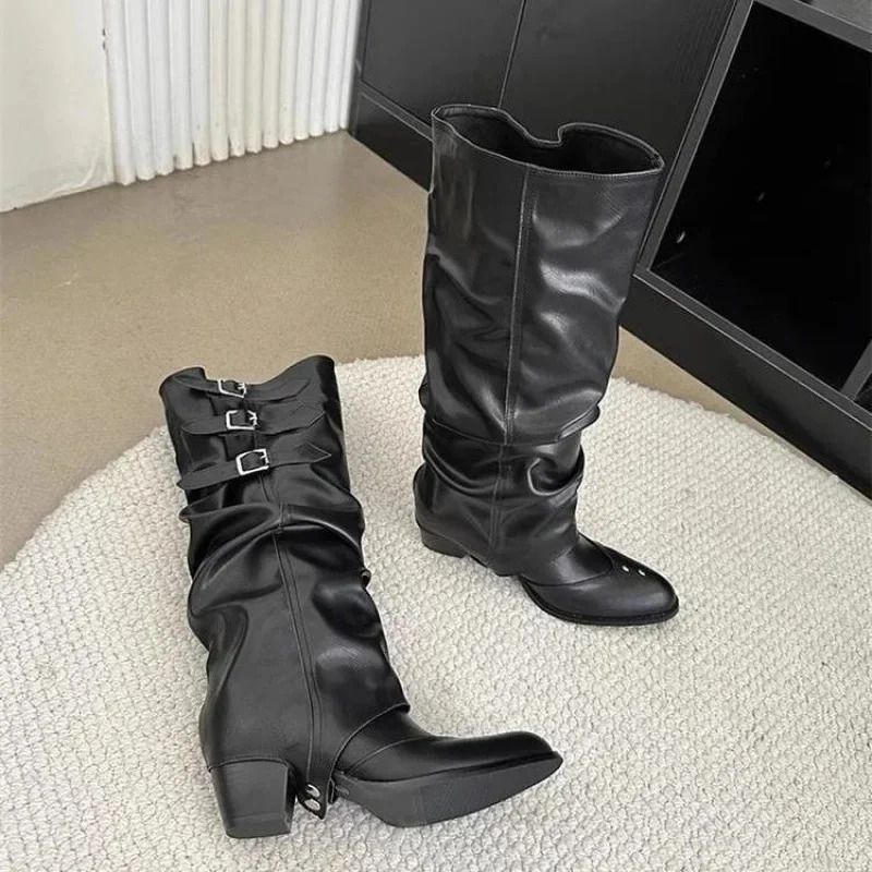 Womens Western Cowboy Brown HighTube Folded Pants Tube Boots Sharp Pointed Toe KneeHigh Rubber Outsole Simple Style_vogvips.com