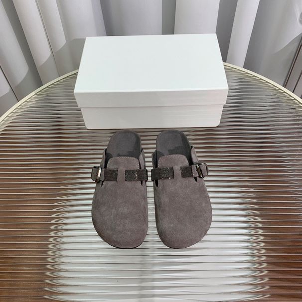 Women's Grey Suede Closed Toe Half Slippers, Handmade Beaded Chain Strap Backless Clogs, Slip On Casual Mules For Daily_vogvips.com