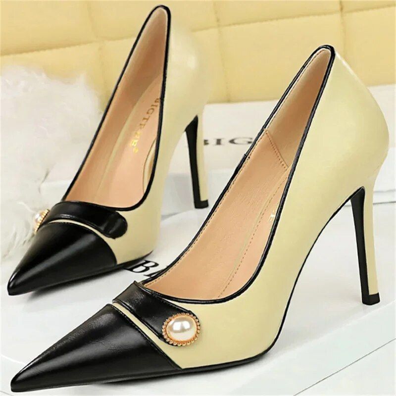 Elegant Fashion Retro Pumps Thin Cm High Lady Shallow Pointed Toe Pearl Patchwork Heels Design Brand Shoes_vogvips.com