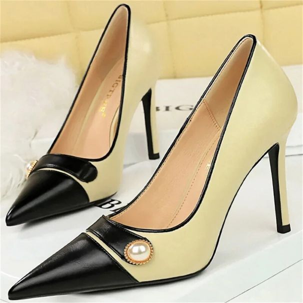 Elegant Fashion Retro Pumps Thin Cm High Lady Shallow Pointed Toe Pearl Patchwork Heels Design Brand Shoes_vogvips.com