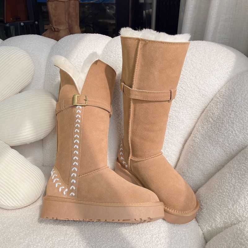 2025 New Goddess Buckle Two-Way Genuine Leather Fur Integrated Snow Wheat Ear Cowhide Wool Women Winter Cotton Shoes_vogvips.com