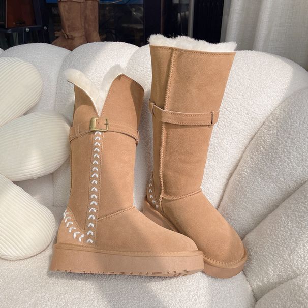2025 New Goddess Buckle Two-Way Genuine Leather Fur Integrated Snow Wheat Ear Cowhide Wool Women Winter Cotton Shoes_vogvips.com