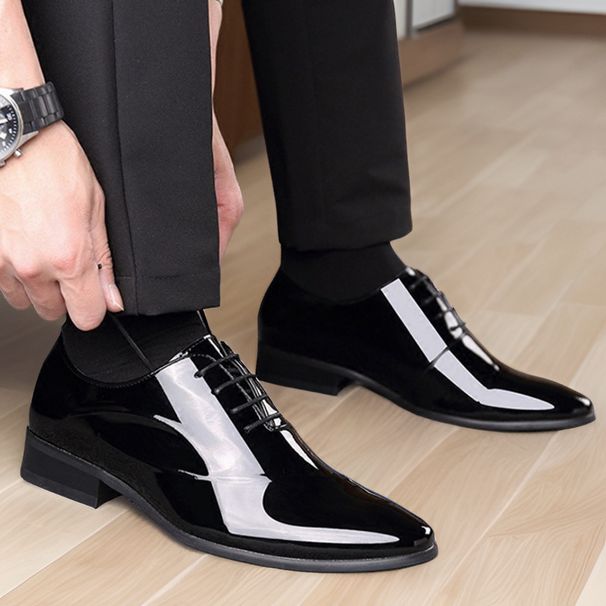 Autumn New Business Dress Pointed Lacquer Leather Youth Versatile Lace Up Large Men's Groom Wedding Shoes_vogvips.com