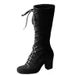 Autumn Winter Wish Cross-Border Mid-Calf Women's Boots Flat Toe Chunky Heel Front Lace-Up Ridin Heiht_vogvips.com