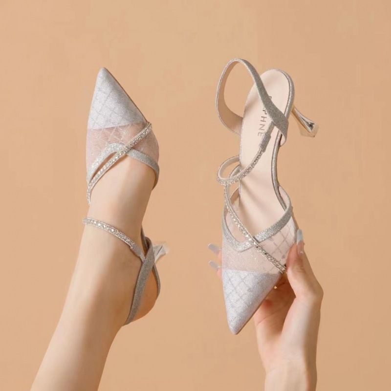 High Sandals For Women 2025 Summer New Style Girl Rhinestone Pointed Toe Shallow Mouth Mesh Women's Fashion Versatile_vogvips.com