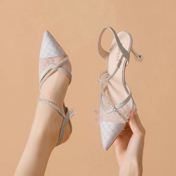 High Sandals For Women 2025 Summer New Style Girl Rhinestone Pointed Toe Shallow Mouth Mesh Women's Fashion Versatile_vogvips.com