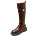 Women's Brown Knee High Riding Boots With Buckle Detail, Chunky Heel & Side Zipper – Stylish & Comfortable Mid-Calf Boots For All Seasons_vogvips.com