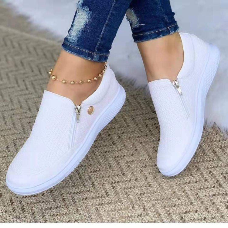 Round Head Thick Sole Side Zipper Low Top Single Shoes For Women Solid Color Large Size Pressure Pattern Board Shoes_vogvips.com