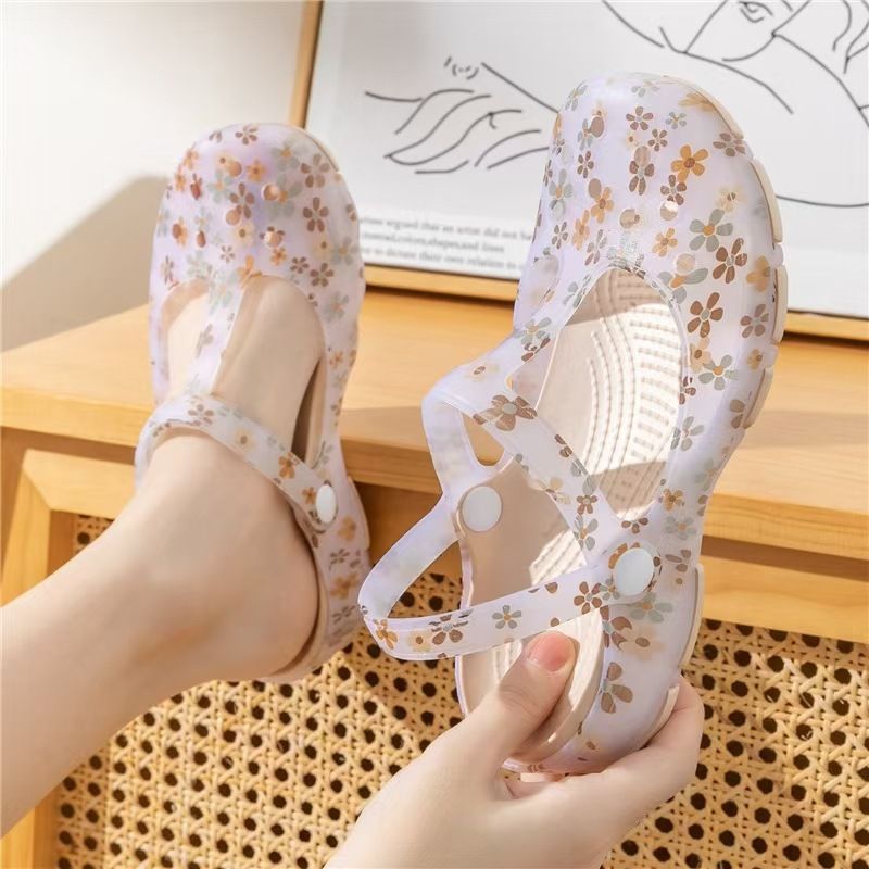 New Printed Jelly Beach Hole Shoes Garden Thick Sole Flat Nurse Closed Toe Women Sandals_vogvips.com