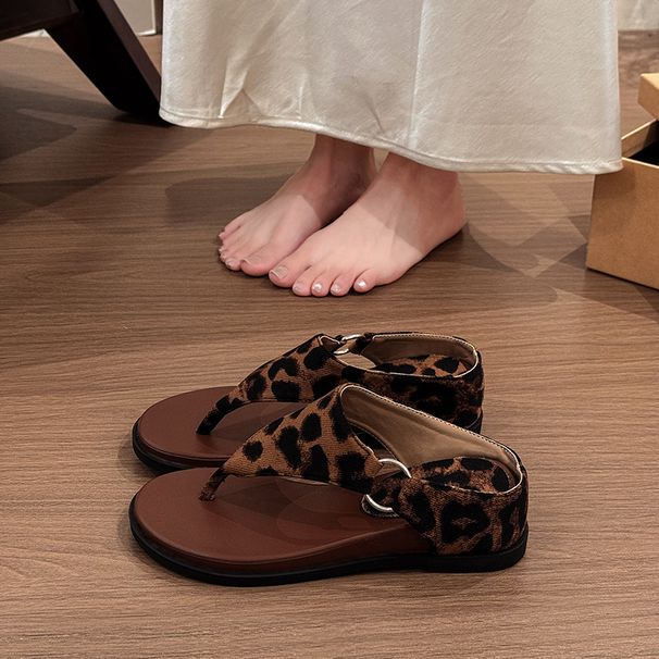 Women's Leopard Print Metallic Thong Slippers Retro Thick Sole Wedge Heel Flip Flops Spring Summer 2026_vogvips.com