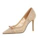 1963-6 European And American Style Banquet High Women's Shoes With Bowknot, Sequins, Lace Mesh, Pointed Toe, Shallow_vogvips.com