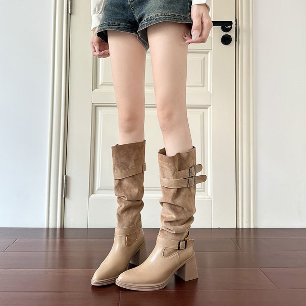 Autumn Winter New Style Cuffed Long Slouch Chunky Riding Women's Hot Girl Belt Buckle Heel Knee High Boots_vogvips.com