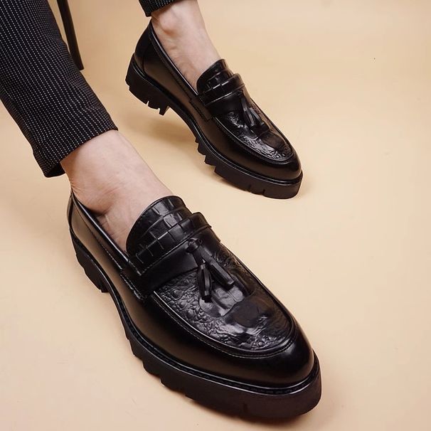 Business Casual Leather Shoes For Men Thick Sole Height Increasing Trendy Korean Style Brogue High Heels With Tassels_vogvips.com