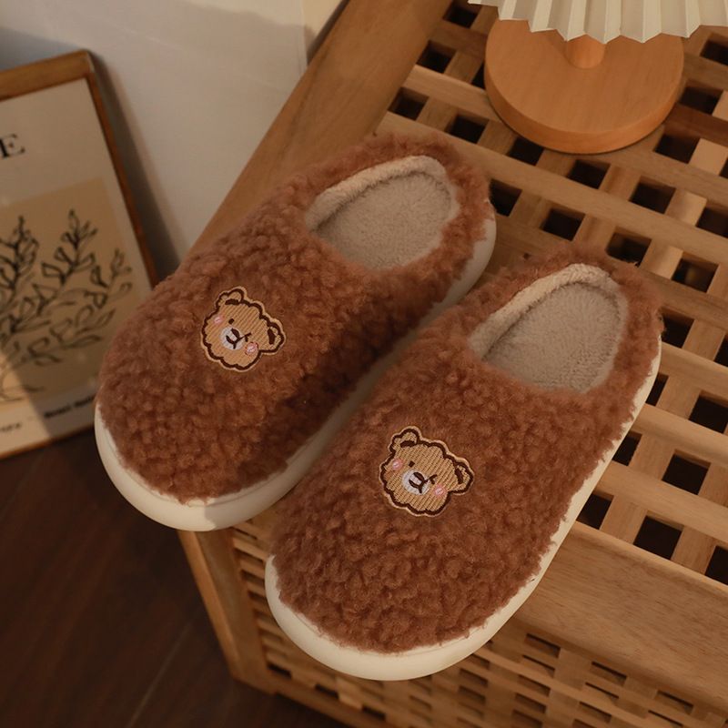 Cute Cartoon Bear Cotton Slippers For Women, Thick Soled, Warm, Suitable For Indoor Use, Couples, Postpartum Care, And Winter Wear._vogvips.com