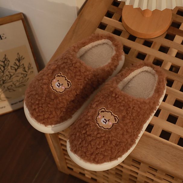 Cute Cartoon Bear Cotton Slippers For Women, Thick Soled, Warm, Suitable For Indoor Use, Couples, Postpartum Care, And Winter Wear._vogvips.com