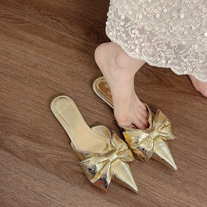 2025 New Women's Summer Open-Toe Mules For Outdoor Wear, Pointed Toe Bowknot Flat Lazy Mules, Plus Size_vogvips.com