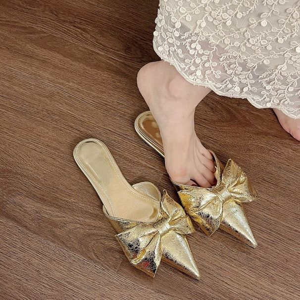 2025 New Women's Summer Open-Toe Mules For Outdoor Wear, Pointed Toe Bowknot Flat Lazy Mules, Plus Size_vogvips.com