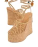 Women's Wood Grain Platform Sandals Adjustable T Strap Chunky Heel Fishnet Summer Festival Shoes Nude Black Block Heels_vogvips.com