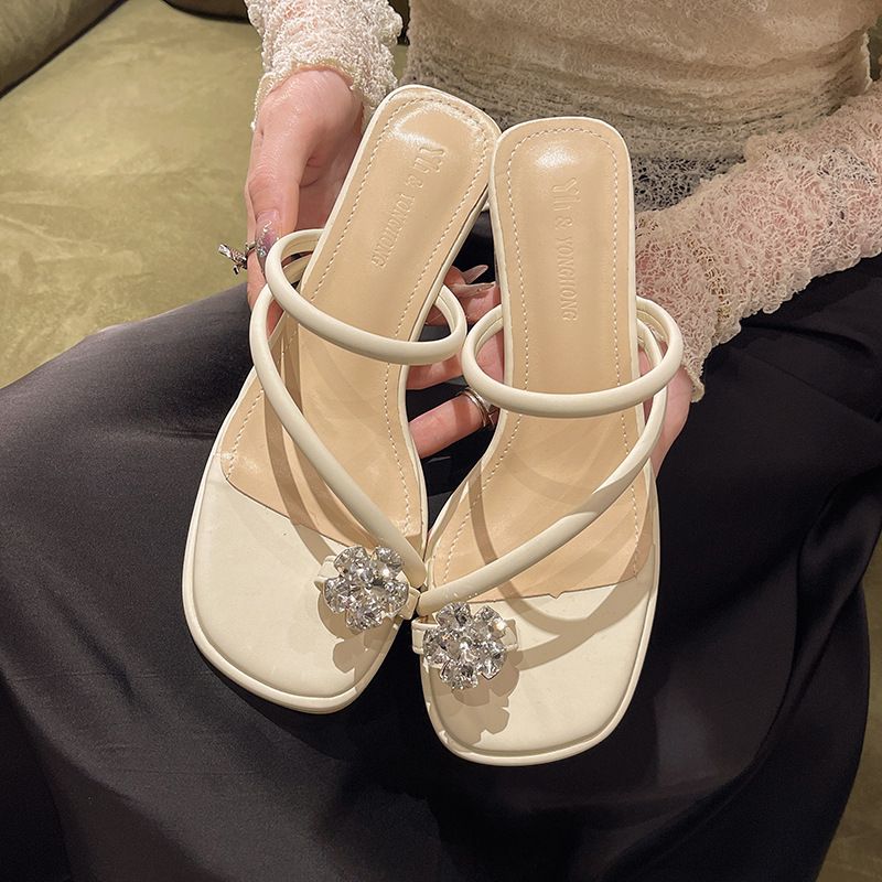 Summer Gentle Wind Rhinestone Flower Flip-flop Chunky Heel Sandals Women's Outdoor Square Toe Transparent High Heel Sandals_vogvips.com