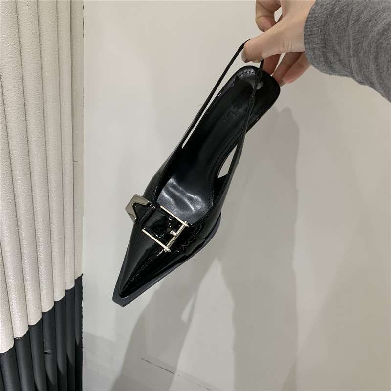European And American Style Metal Buckle Pointed Toe Popular Thin Strap Open-back High-heeled Sandals 2025 Black_vogvips.com