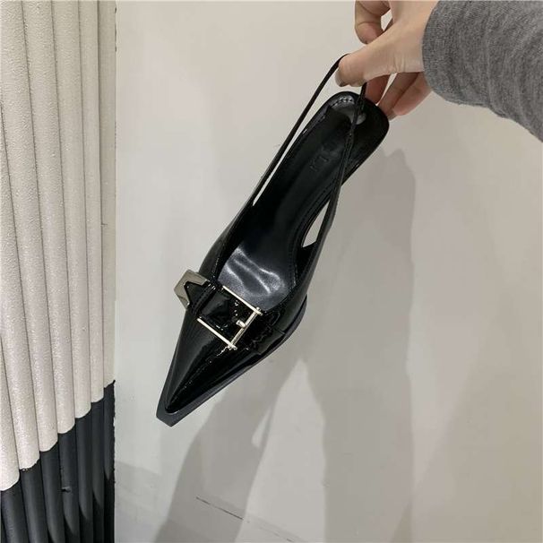 European And American Style Metal Buckle Pointed Toe Popular Thin Strap Open-back High-heeled Sandals 2025 Black_vogvips.com